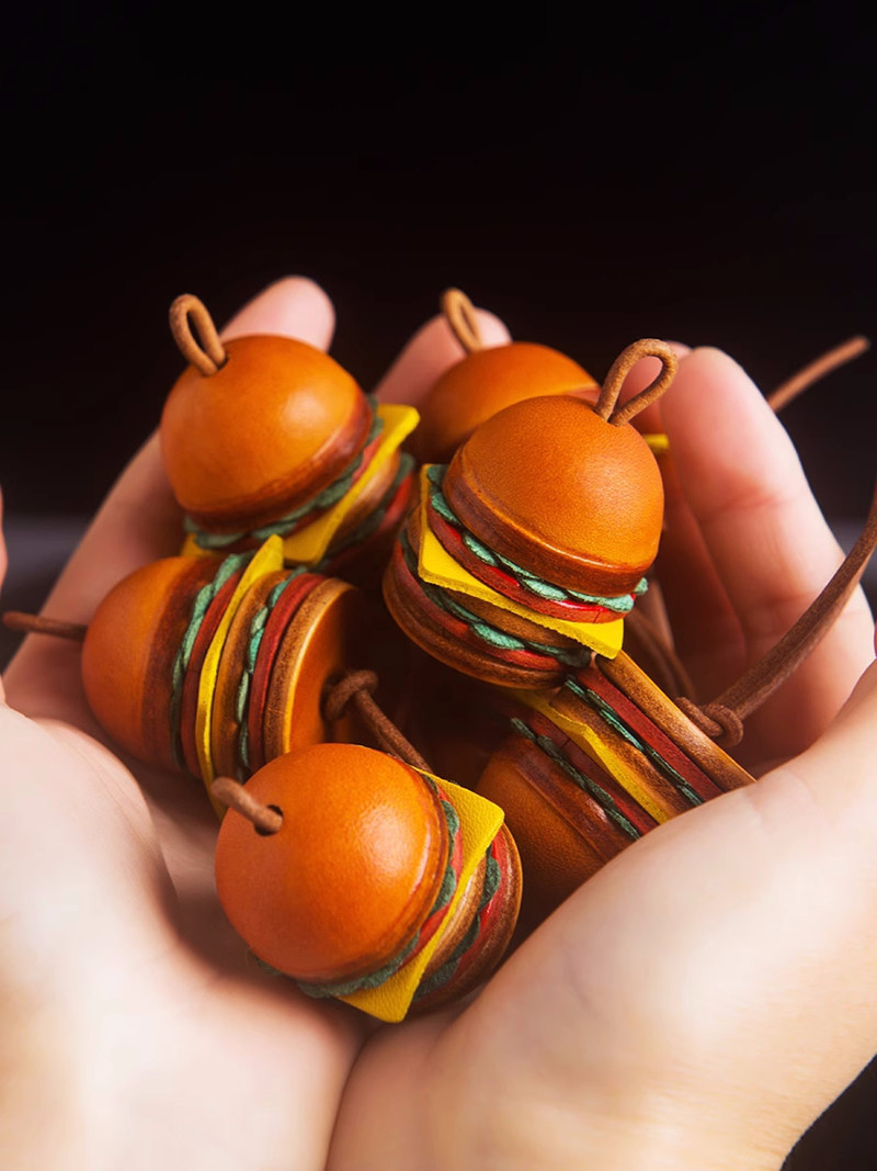 Classic Miniature Leather Burger Keychain Pendant,Bag Decoration