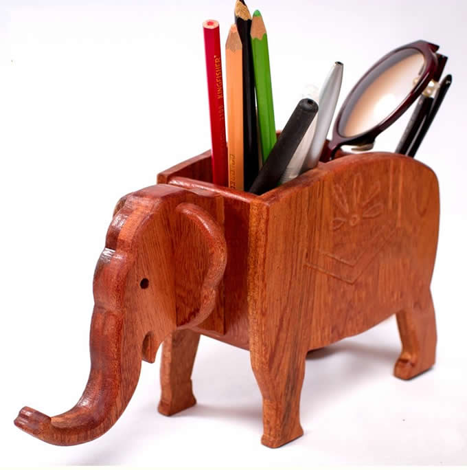  Elephant Shape Wooden Pen Cup/Pen Holder Desk Organizer   