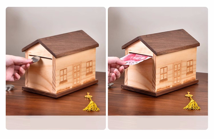 Wooden House-Shaped Piggy Bank With Lock