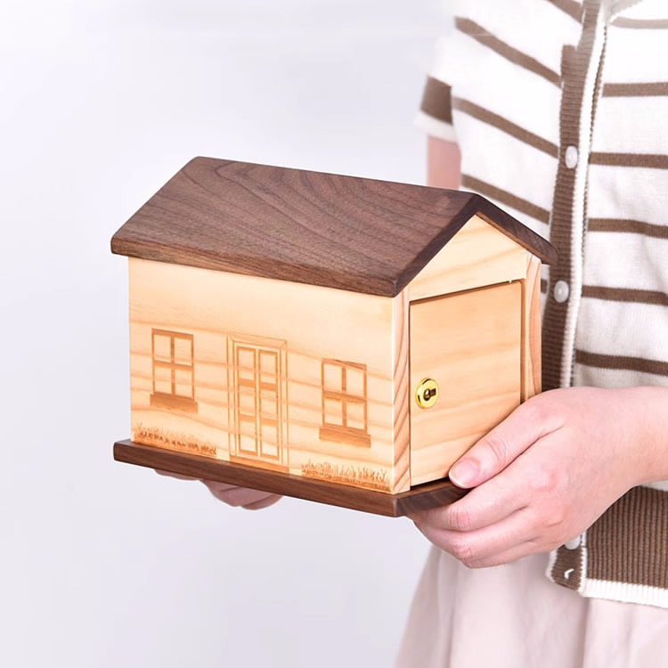 Wooden House-Shaped Piggy Bank With Lock
