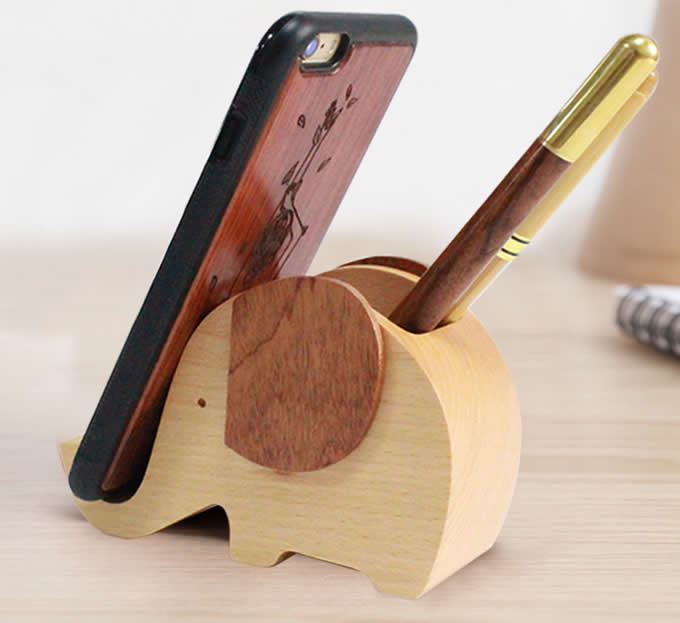 Wooden Elephant Shape Pen Cup/Pen Holder Desk Organizer with Cell Phone Stand