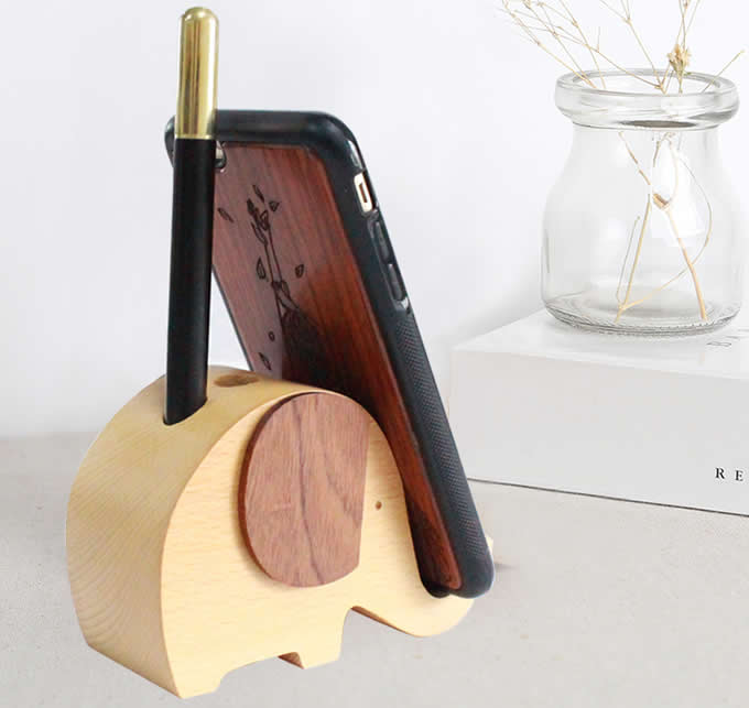 Wooden Elephant Shape Pen Cup/Pen Holder Desk Organizer with Cell Phone Stand